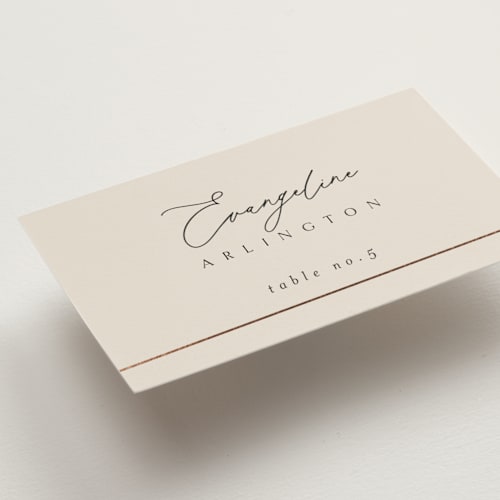 This is a taupe wedding place cards with foil pressed by Kelly Schmidt called encircled love printing on signature in placecard