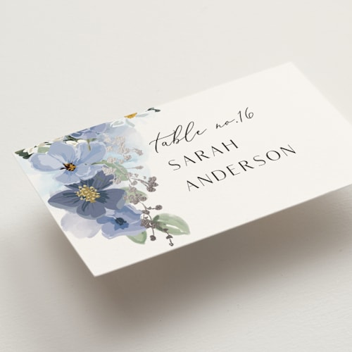 This is a serenity wedding place cards with foil pressed by Susan Moyal called layered florals printing on signature in placecard
