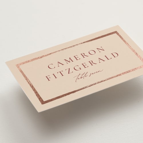 This is a peony wedding place cards with foil pressed by Wildfield Paper Co called romantic frame printing on signature in placecard