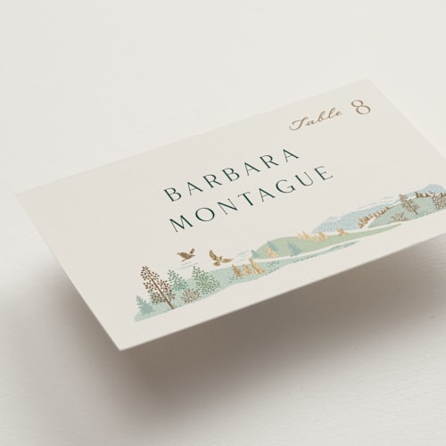 This is a evergreen wedding place cards with foil pressed by Paper Sun Studio called mountaintop printing on signature in placecard