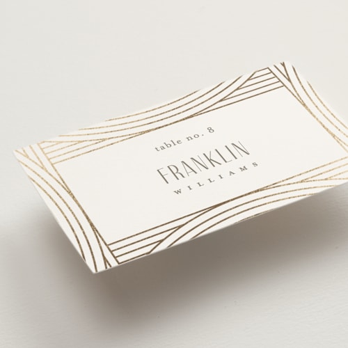 This is a alabaster wedding place cards with foil pressed by Pixel and Hank called moderne printing on signature in placecard
