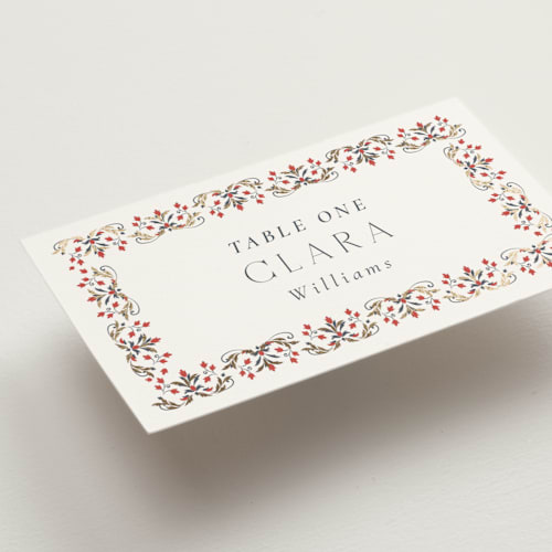 This is a scarlet wedding place cards with foil pressed by Sabrin Deirani called islamic arch printing on signature in placecard