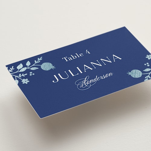 This is a royal wedding place cards with foil pressed by Nam Bourassa called pomegranate floral frame printing on signature in placecard