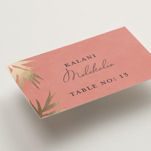 This is a coral wedding place cards with foil pressed by Julie Hebert called birds of paradise printing on signature in placecard