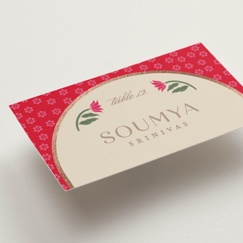 This is a narangi wedding place cards with foil pressed by Creo Study called indian garden printing on signature in placecard