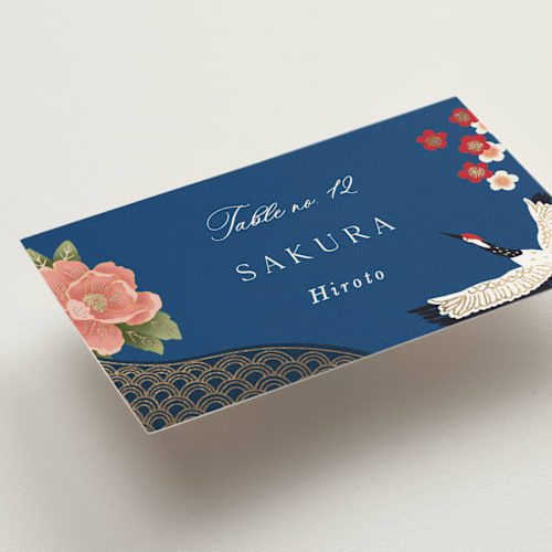 This is a ocean wedding place cards with foil pressed by Elly called kimono printing on signature in placecard