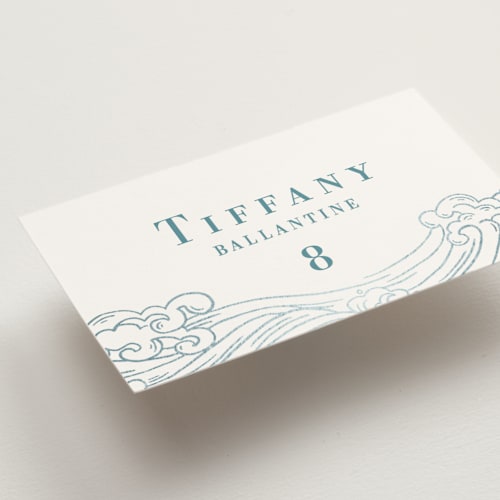 This is a aqua wedding place cards with foil pressed by Jessie Steury called waves printing on signature in placecard