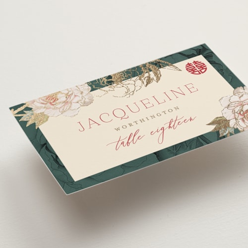 This is a evergreen wedding place cards with foil pressed by fatfatin called auspicious peonies printing on signature in placecard