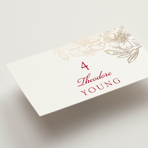 This is a ruby wedding place cards with foil pressed by Janean Hinger called double peony printing on signature in placecard