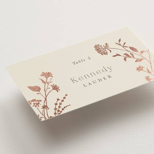 This is a creme brulee wedding place cards with foil pressed by Jennifer Wick called queen anne's lace printing on signature in placecard