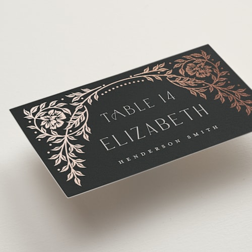 This is a onyx wedding place cards with foil pressed by Ana de Sousa called gilded nouveau frame printing on signature in placecard