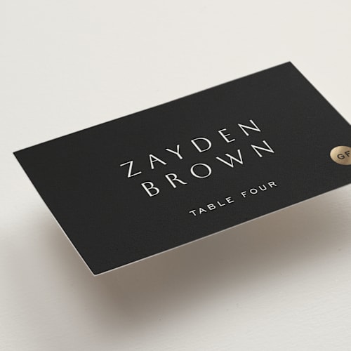 This is a twilight wedding place cards with foil pressed by Sierra Lee called twilight printing on signature in placecard