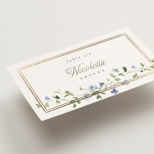 This is a bluebell wedding place cards with foil pressed by Everett Paper Goods called flowering vine printing on signature in placecard
