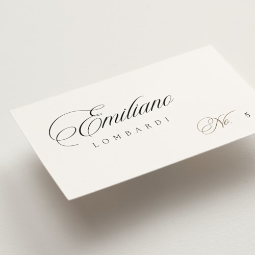 This is a silk wedding place cards with foil pressed by Kelly Schmidt called left align printing on signature in placecard