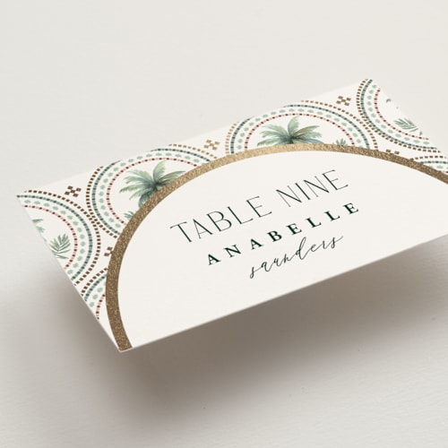 This is a sand wedding place cards with foil pressed by Maria Alou called vintage palms printing on signature in placecard