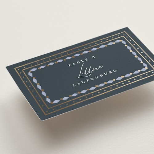 This is a periwinkle wedding place cards with foil pressed by Erin German called sadie printing on signature in placecard
