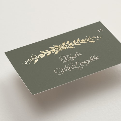 This is a sage wedding place cards with foil pressed by Kate Ahn called lake como printing on signature in placecard