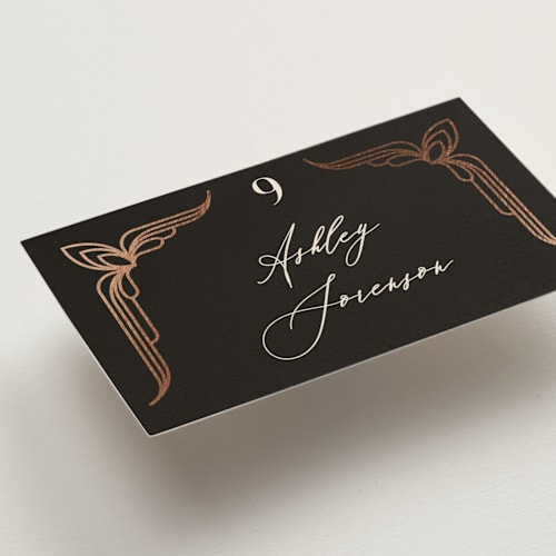 This is a midnight wedding place cards with foil pressed by GeekInk Design called geometric deco printing on signature in placecard