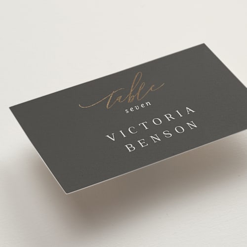 This is a stormy wedding place cards with foil pressed by Jessica Williams called over monogram printing on signature in placecard