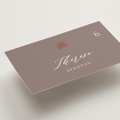 This is a maple wedding place cards with foil pressed by Lori Wemple called autumne printing on signature in placecard