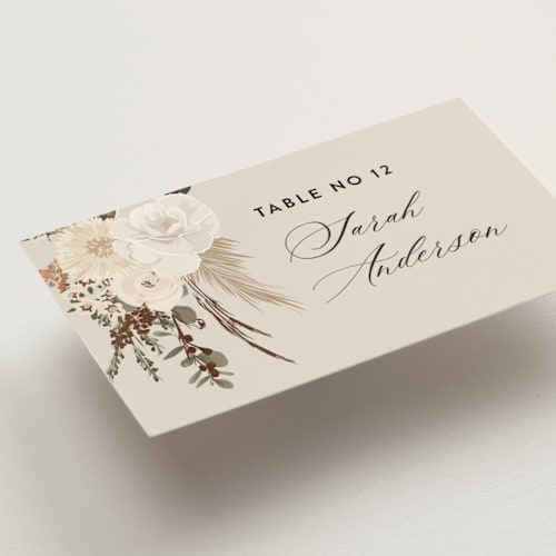 This is a latte wedding place cards with foil pressed by Susan Moyal called botanical edge printing on signature in placecard