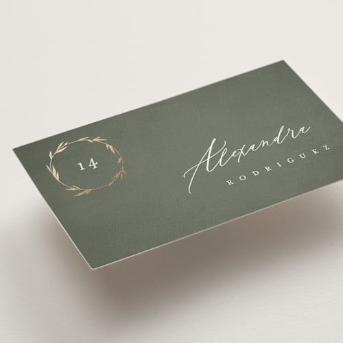 This is a moss wedding place cards with foil pressed by Kelly Schmidt called minimal circle printing on signature in placecard