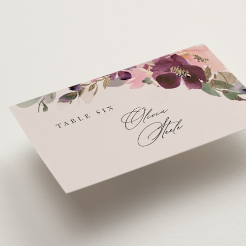 This is a blush wedding place cards with foil pressed by Lori Wemple called fleur printing on signature in placecard