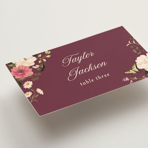This is a romantic wedding place cards with foil pressed by Sarah Knight called fleur printing on signature in placecard