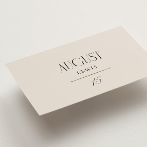 This is a linen wedding place cards with foil pressed by Kate Ahn called mirin printing on signature in placecard