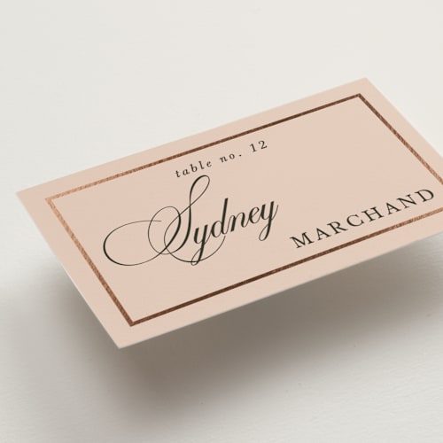 This is a midnight forest wedding place cards with foil pressed by Morgan Kendall called playbill printing on signature in placecard