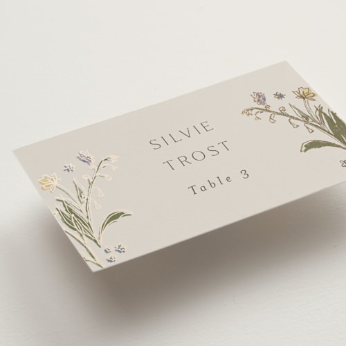 This is a petal wedding place cards with foil pressed by Nicoletta Savod called parisian garden printing on signature in placecard