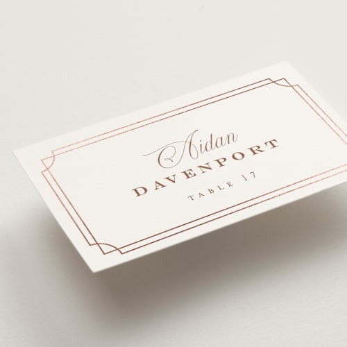 This is a rose wedding place cards with foil pressed by chocomocacino called fleu-de-sel printing on signature in placecard