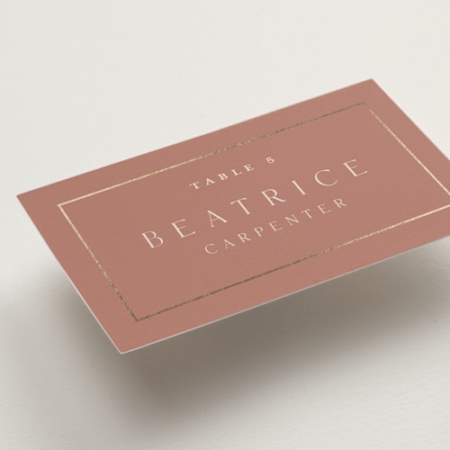 This is a dusty rose wedding place cards with foil pressed by Stacey Meacham called warm affection printing on signature in placecard