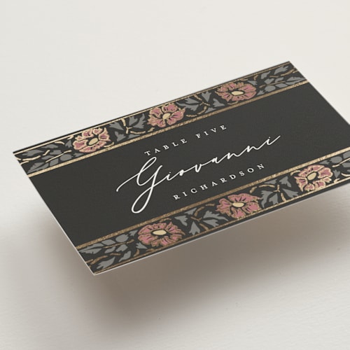This is a ebony wedding place cards with foil pressed by Ana de Sousa called timeless nature printing on signature in placecard