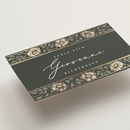 This is a emerald wedding place cards with foil pressed by Ana de Sousa called timeless nature printing on signature in placecard