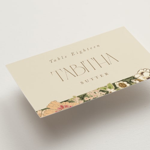 This is a sherbert wedding place cards with foil pressed by Leah Bisch called in the garden printing on signature in placecard