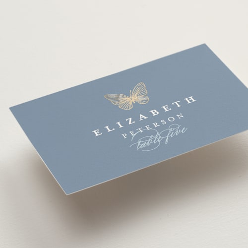 This is a cornflower wedding place cards with foil pressed by Grae called meet me in the garden printing on signature in placecard
