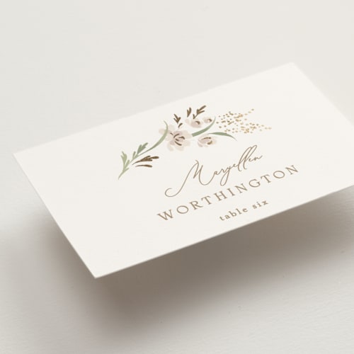 This is a spring mist wedding place cards with foil pressed by Erin L. Wilson called meadow printing on signature in placecard