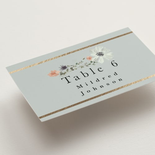 This is a mist wedding place cards with foil pressed by Hannah Williams called blue garden printing on signature in placecard