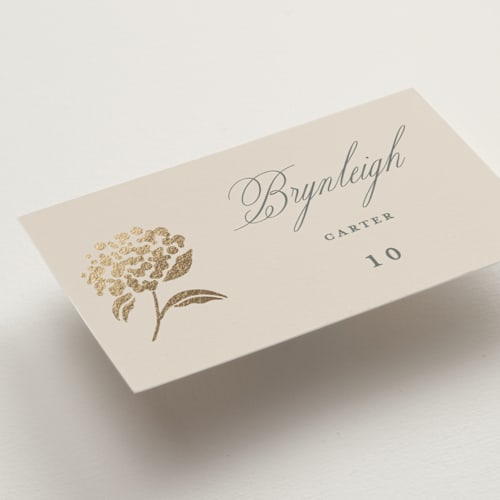 This is a tea time wedding place cards with foil pressed by Susan Zinader called shimmering hydrangeas printing on signature in placecard