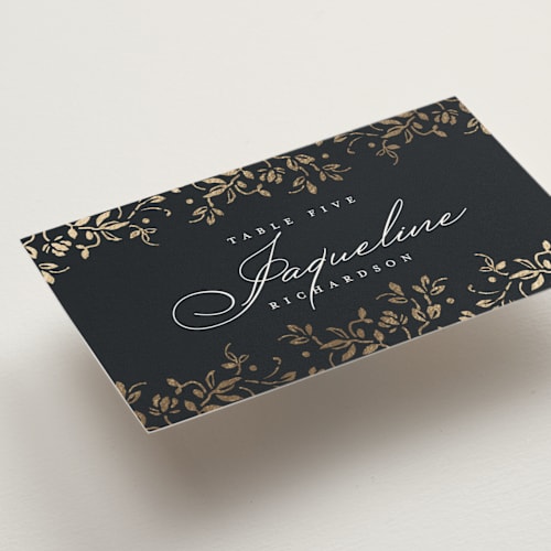This is a onyx wedding place cards with foil pressed by Ana de Sousa called regency grace printing on signature in placecard
