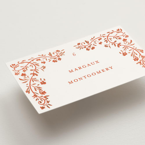 This is a verona sunset wedding place cards with foil pressed by Gwen Bedat called floral romance printing on signature in placecard