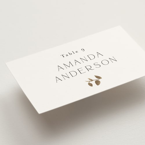 This is a coastal wedding place cards with foil pressed by Susan Moyal called garden whisper printing on signature in placecard