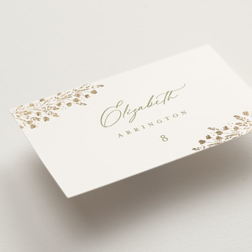 This is a leaf wedding place cards with foil pressed by Kristie Kern called villa printing on signature in placecard