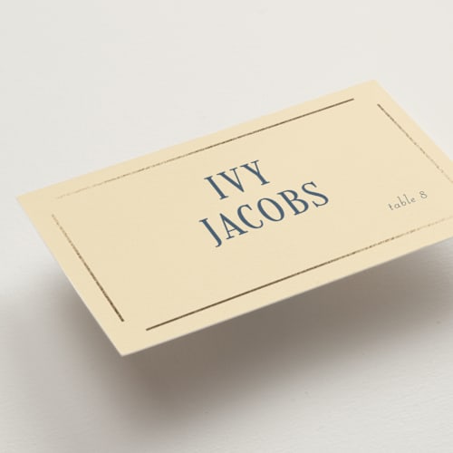 This is a navy wedding place cards with foil pressed by Baumbirdy called woven printing on signature in placecard