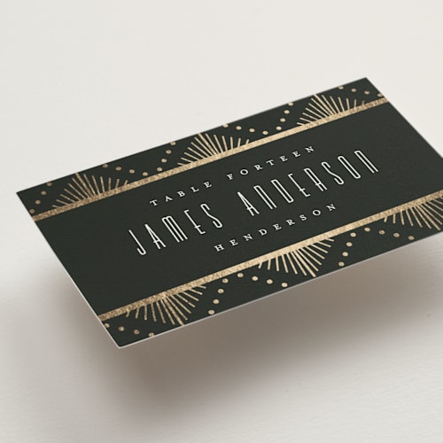 This is a onyx wedding place cards with foil pressed by Ana de Sousa called deco pattern printing on signature in placecard