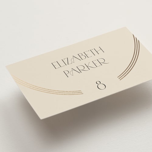 This is a latte wedding place cards with foil pressed by Kristie Kern called misha printing on signature in placecard