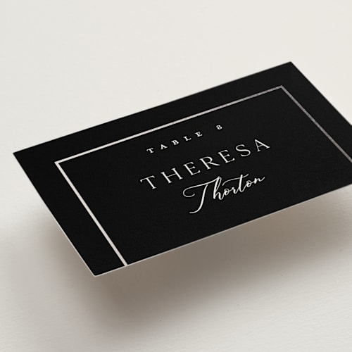This is a noir wedding place cards with foil pressed by Stacey Meacham called elegant station printing on signature in placecard