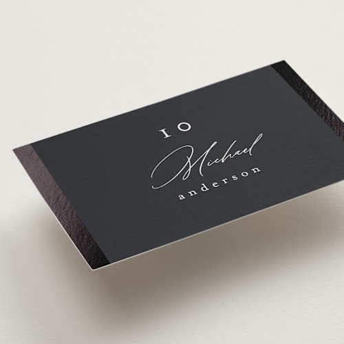 This is a midnight wedding place cards with foil pressed by Nicole Walsh called surround printing on signature in placecard