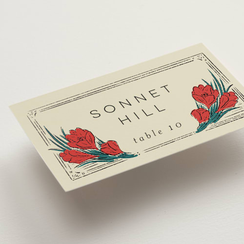 This is a birch wedding place cards with foil pressed by Shiny Penny Studio called deco spring florals printing on signature in placecard